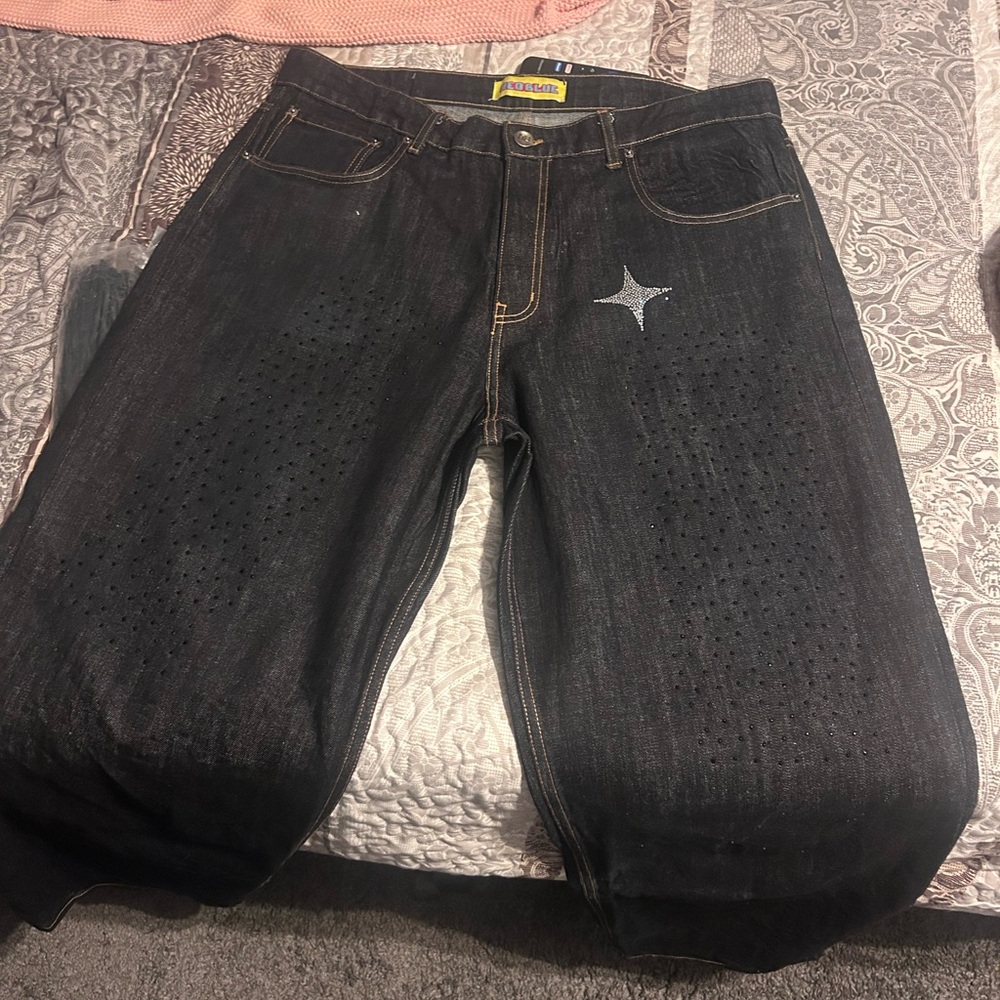 Custom Rhimestones Black on white with star fit super baggy
